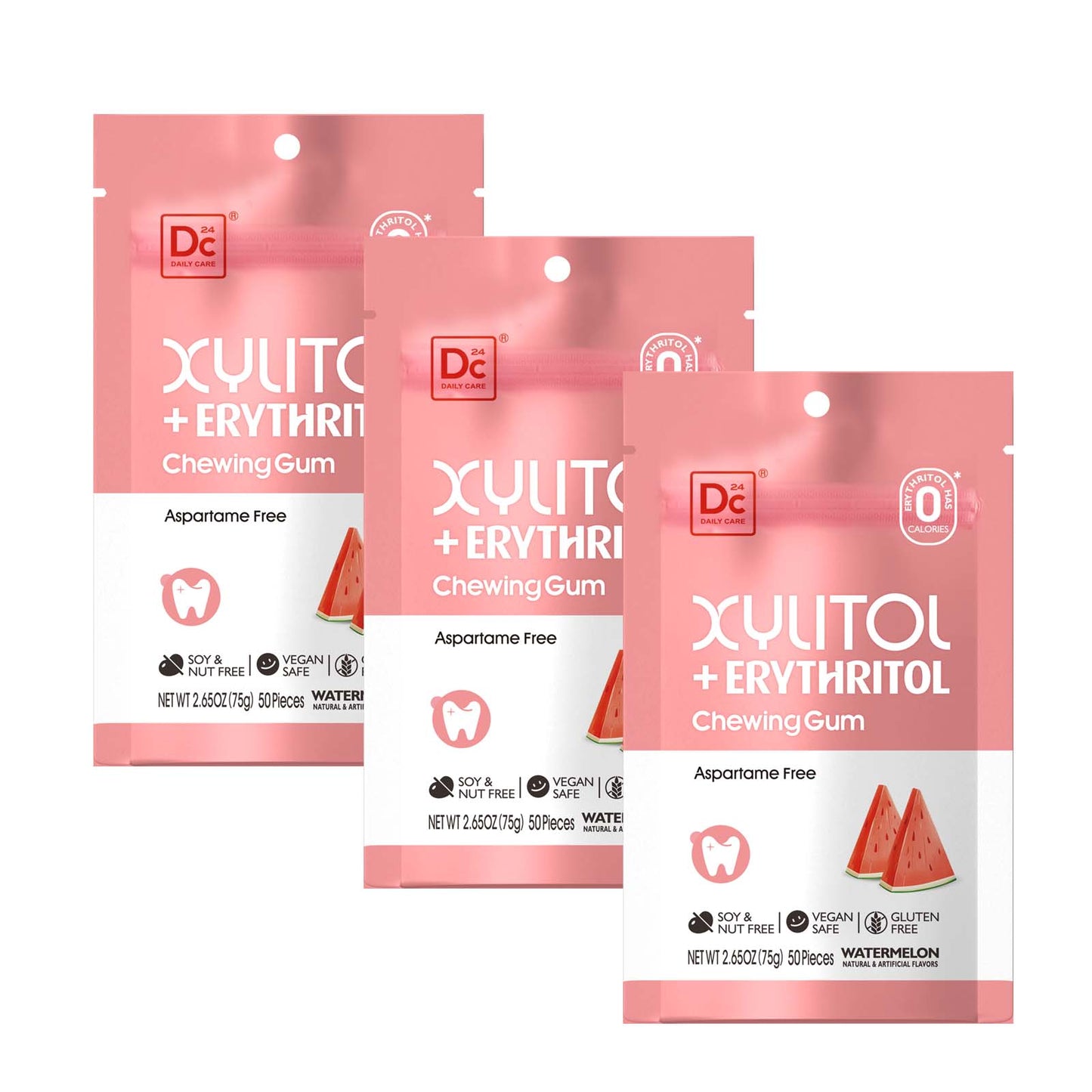 DC24 Daily Care Xylitol and Erythritol Gum Watermelon Flavor, pack of 3